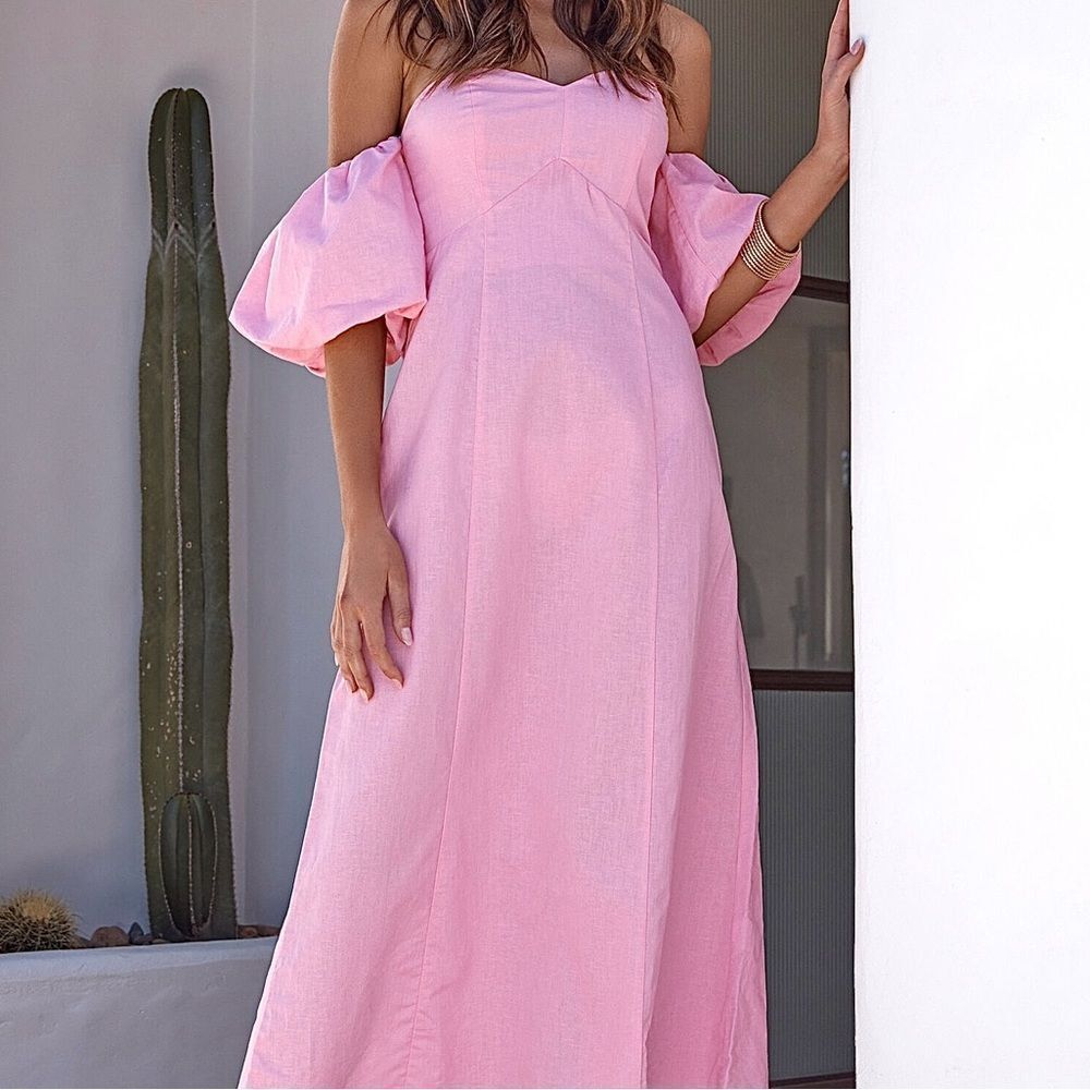 SHOWPO. Dress Amalie The Label Beccah Linen Off Shoulder Size 4 NEW WITH TAGS